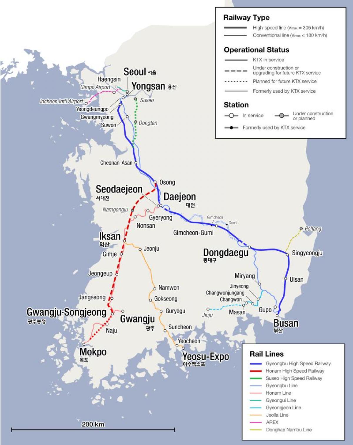 Mapa das linhas de trem da Coréia do Sul (ROK)