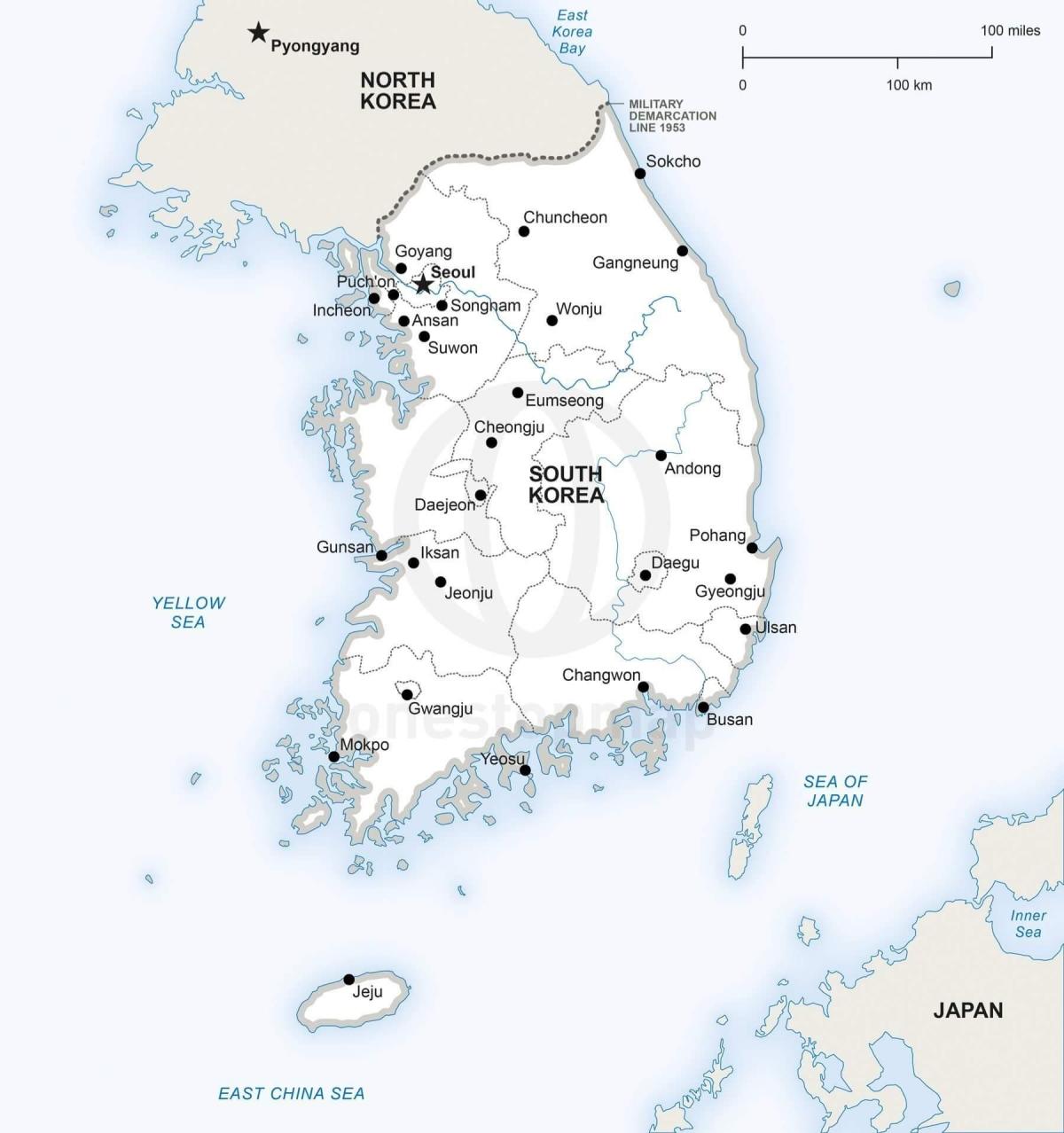 Mapa da Coreia do Sul (ROK) com as principais cidades